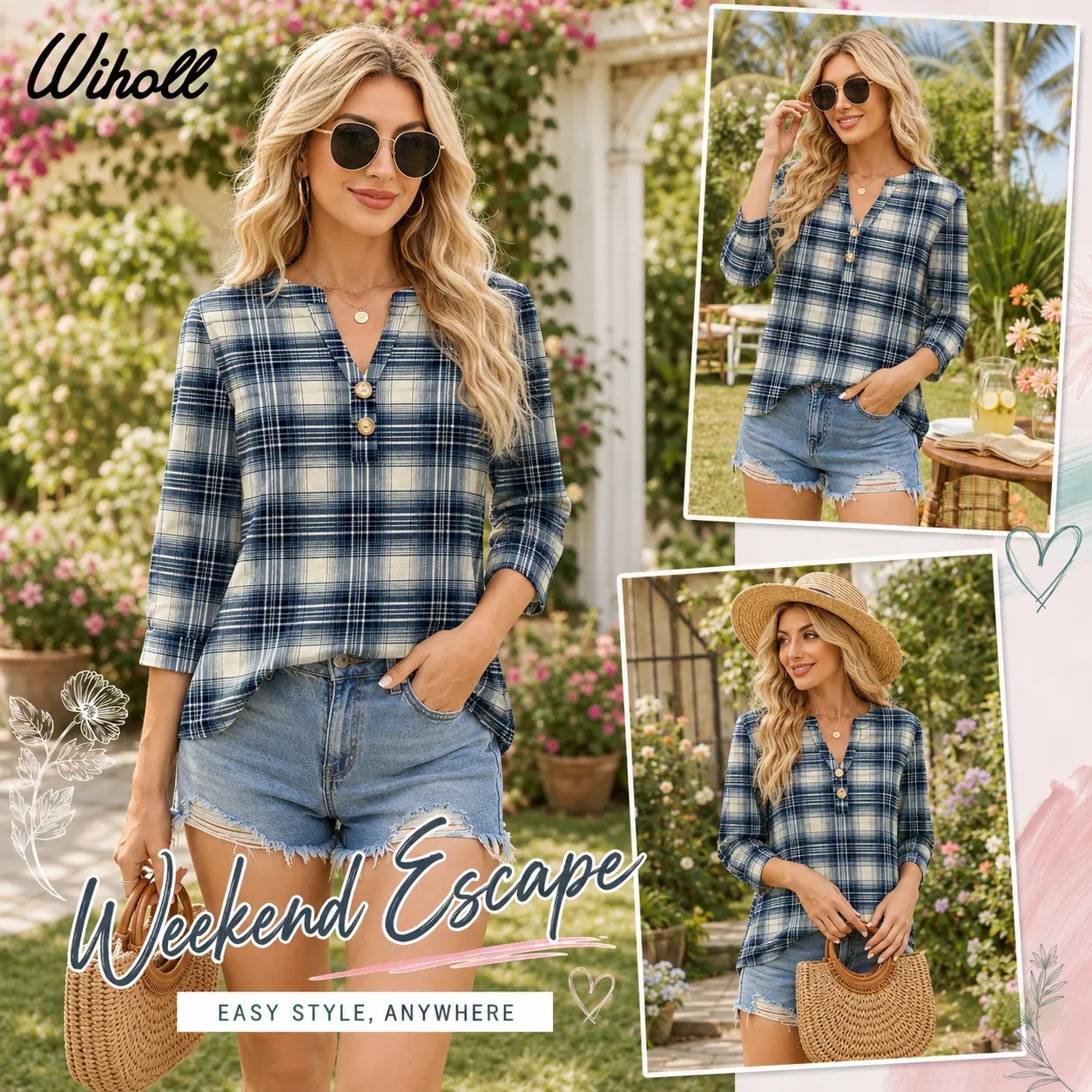 WIHOLL 3/4 Sleeve Tops Summer Outfits for Women Breathable Lightweight Blouses Air Conditioner Friendly Loose Fit Beach Vacation Girls Adjustable