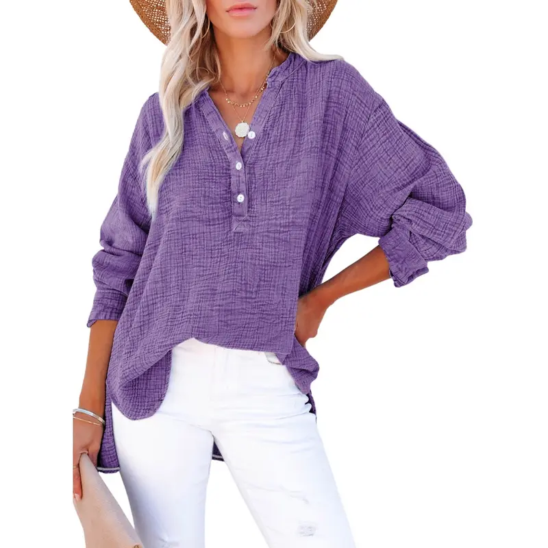 Dokotoo Women's Casual Button V Neck Long Sleeve Shirts Oversized Solid Blouses Tops 100% Cotton Boyfriend Style Loose Fit