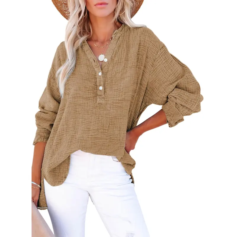 Dokotoo Women's Casual Button V Neck Long Sleeve Shirts Oversized Solid Blouses Tops 100% Cotton Boyfriend Style Loose Fit