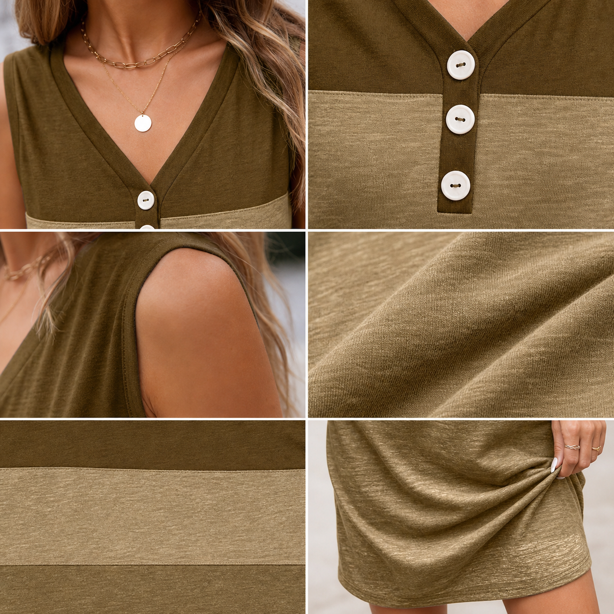 Women's dress V neckline button placket sleeveless armhole colorblock slub fabric detail collage