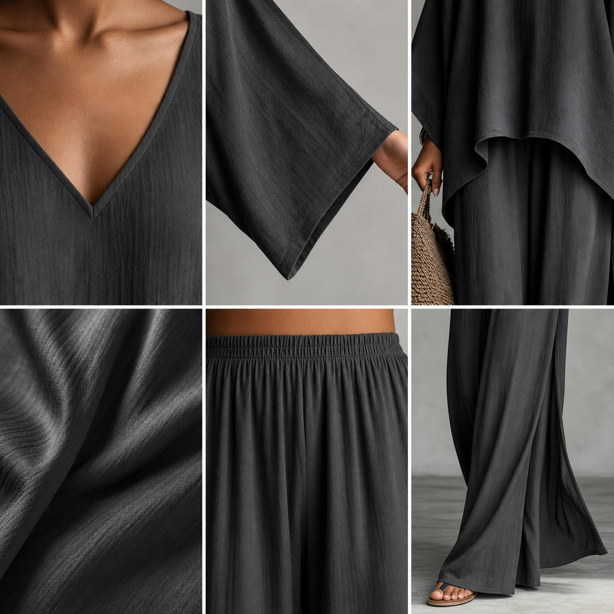 Women's two piece set V-neck draped sleeve wide leg pant detail collage