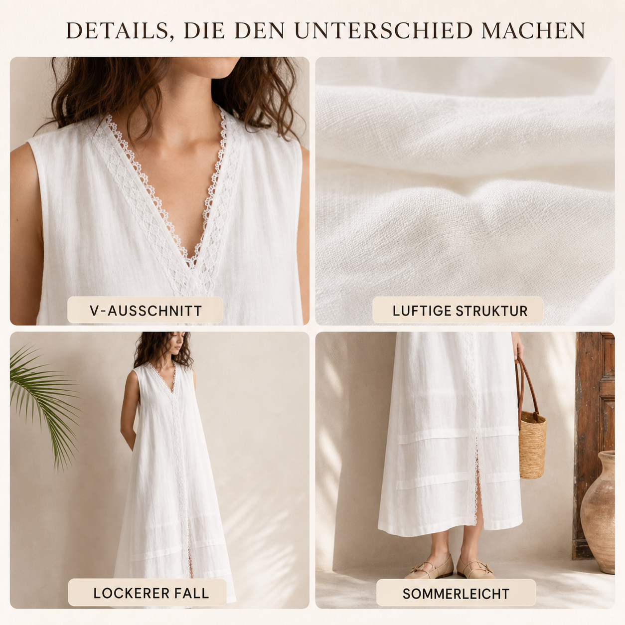 V-Ausschnitt Taschen Leinenstruktur Detailcollage