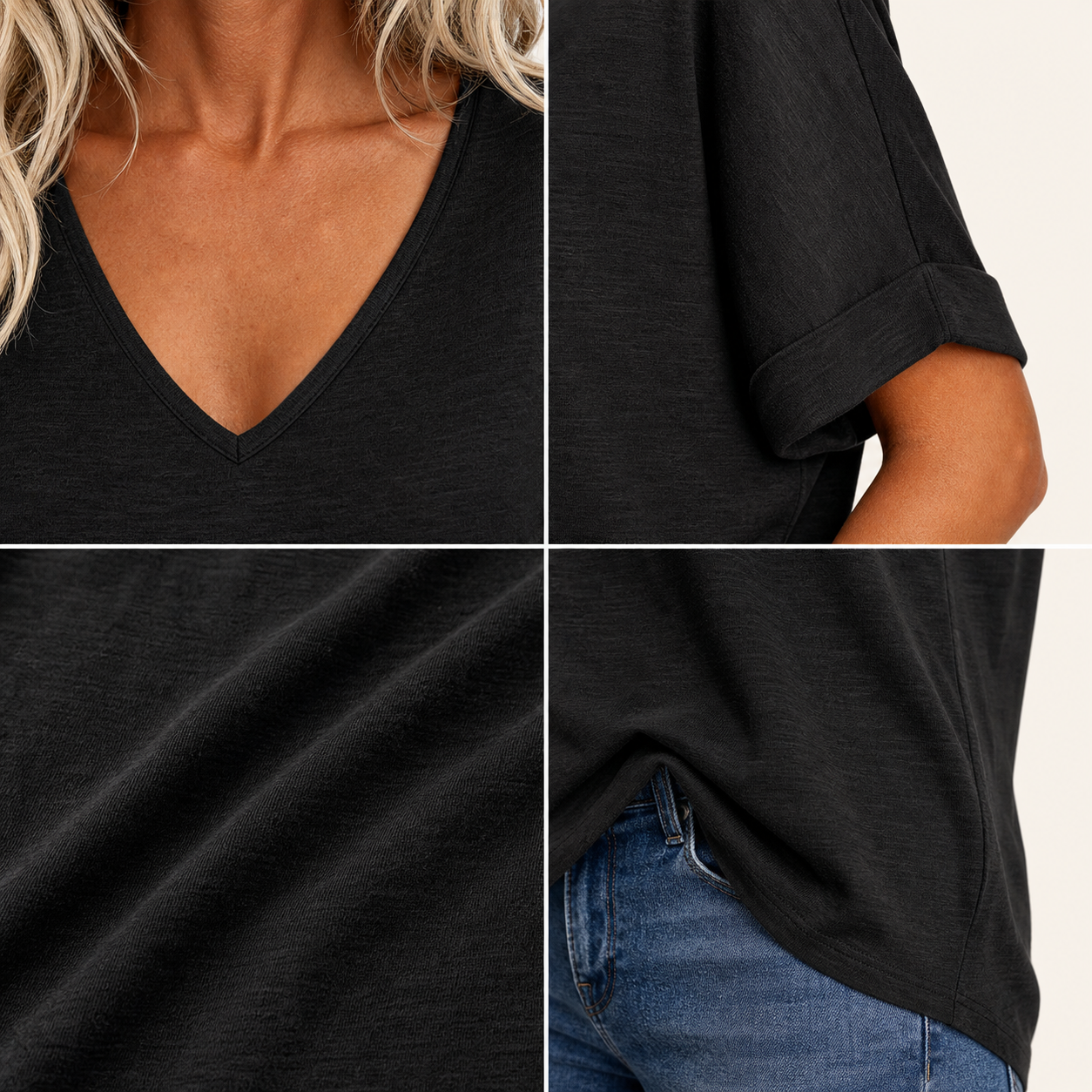 V-neck, slub texture, rolled cuff, and relaxed hem details