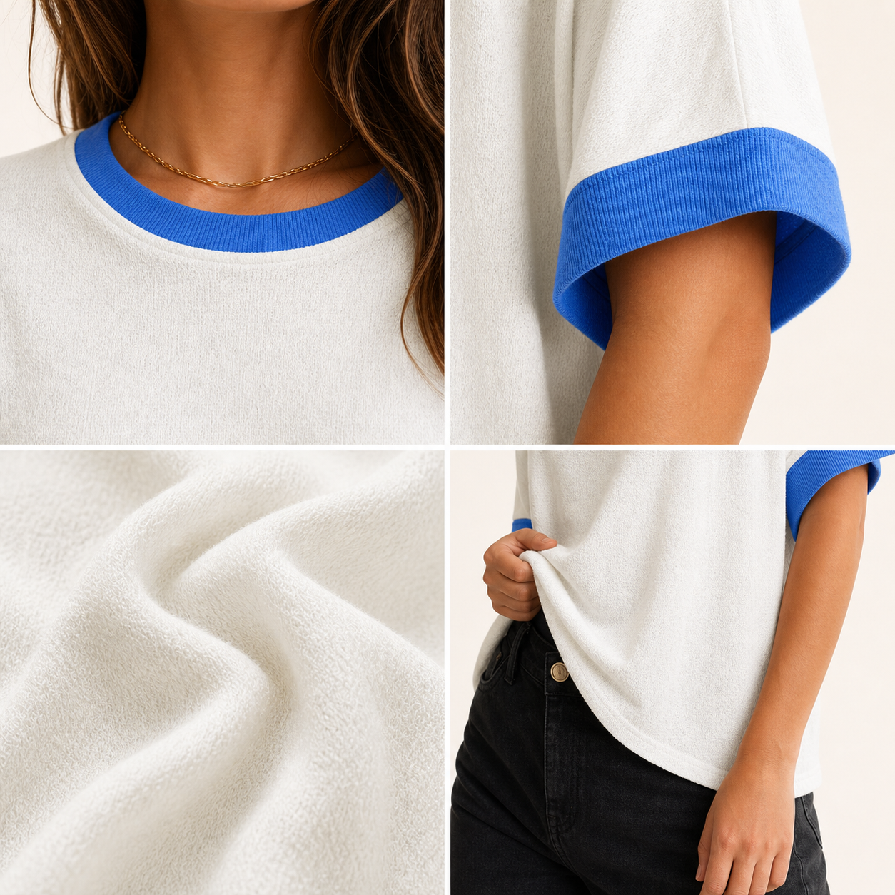 Contrast collar cuff fabric and hem details