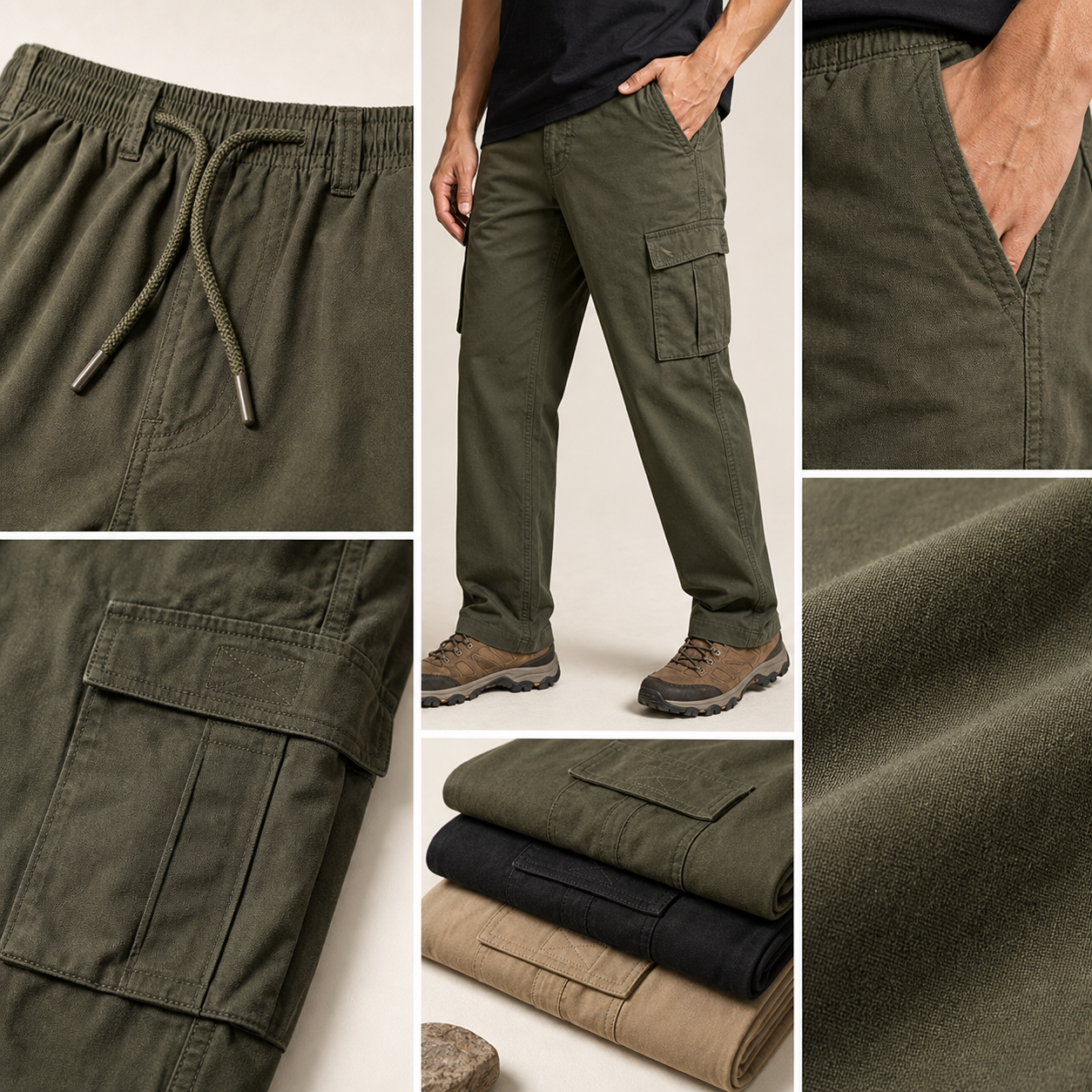 Utility cargo pants waistband pocket stitching fabric and hem details