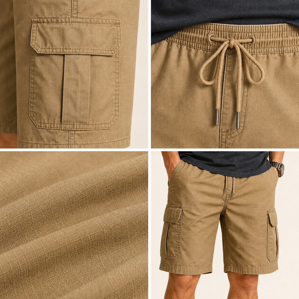 Cargo pocket waistband fabric stitching and hem details