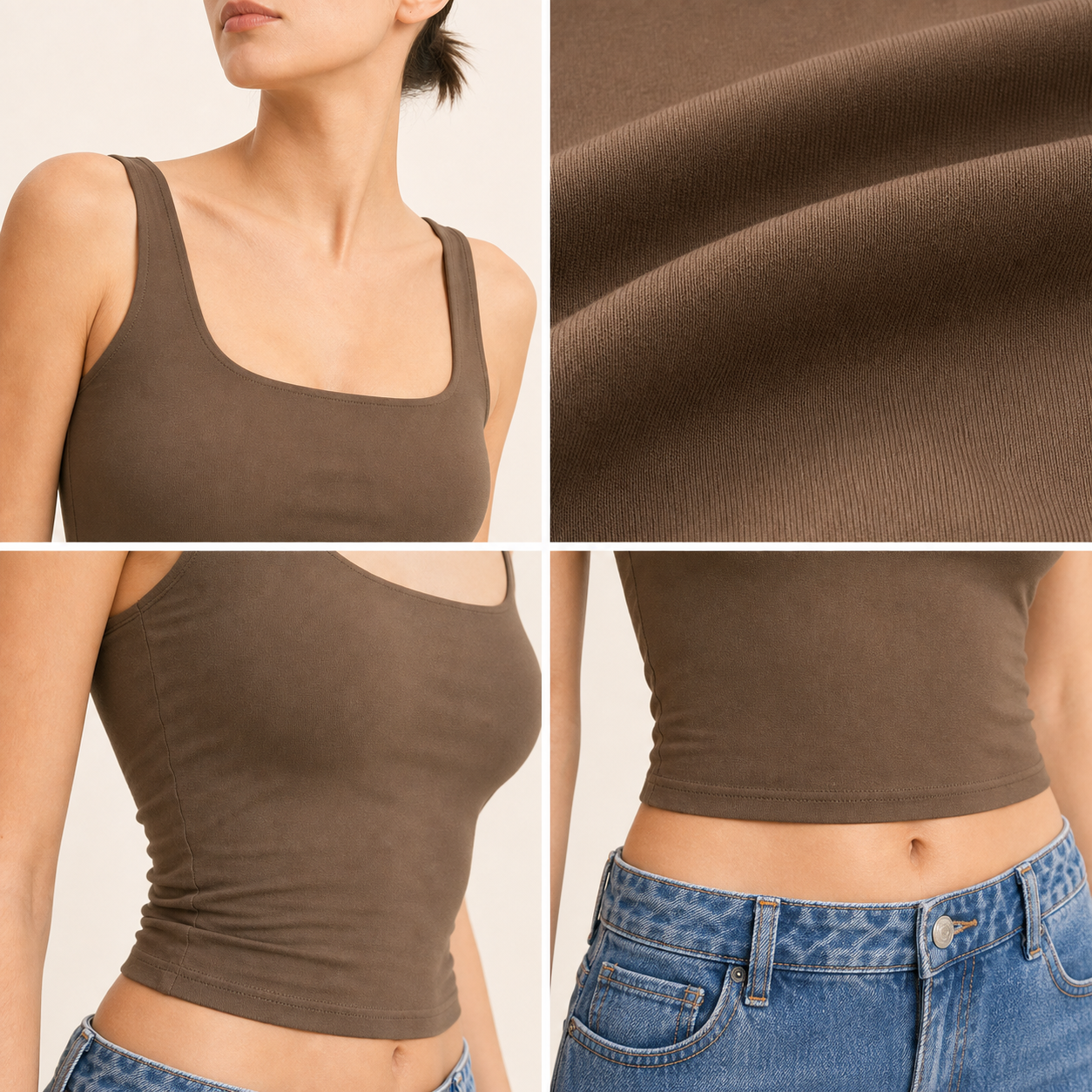 Square neckline strap stretch fabric and hem details