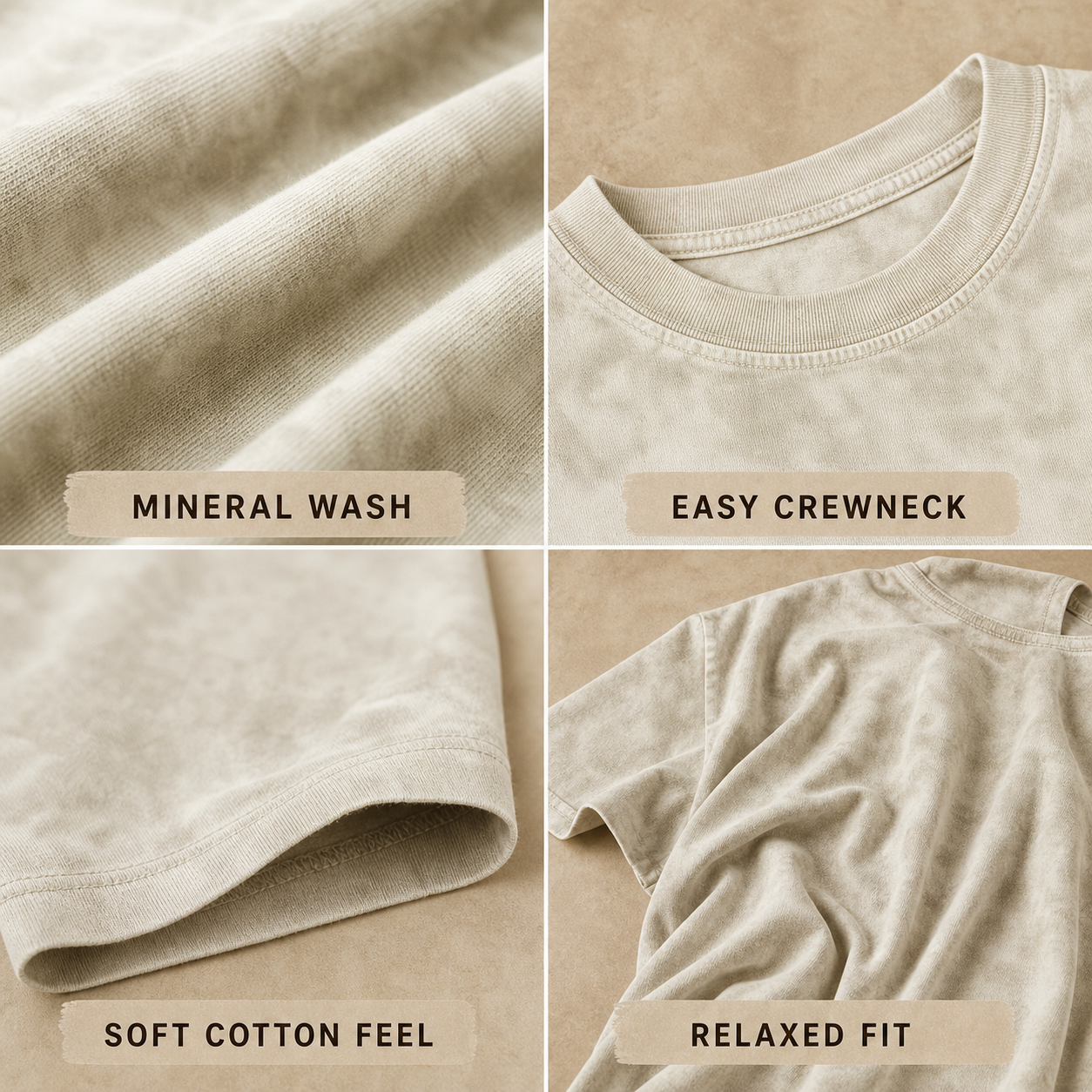 Mineral wash tee fabric and stitching detail collage
