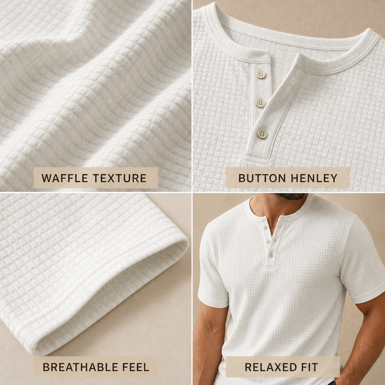 Waffle knit henley fabric and button detail collage