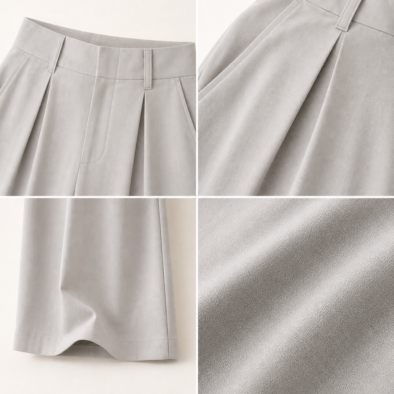 Tailored waistband, front fly, pleats, fabric texture, and wide-leg hem details
