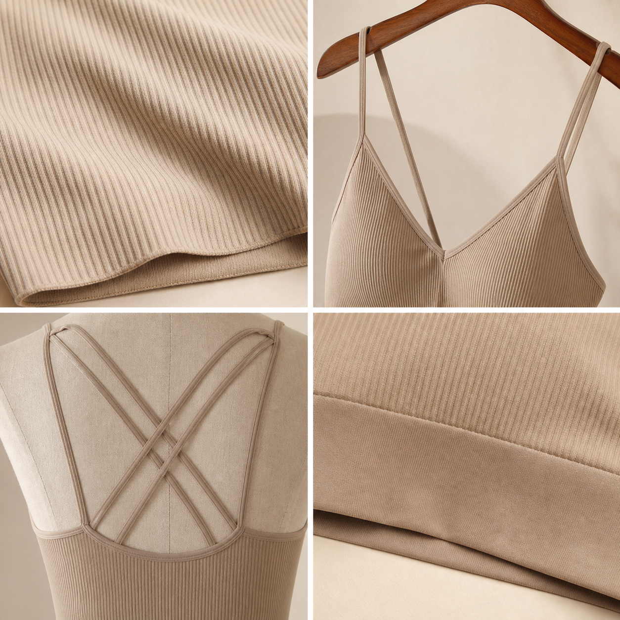 Seamless fabric crisscross straps V neckline and underband details