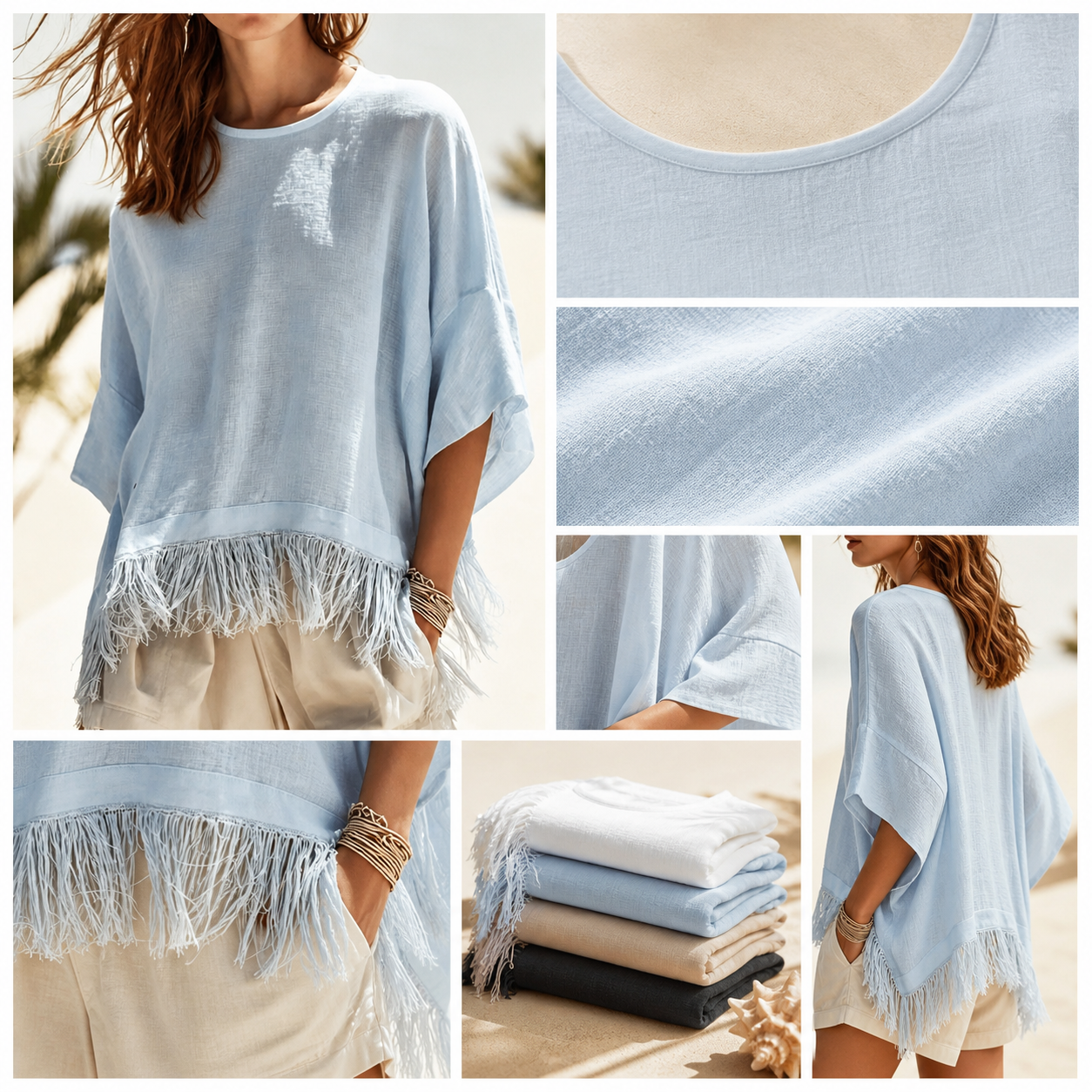 Fringe hem round neckline sleeve drape and fabric detail collage
