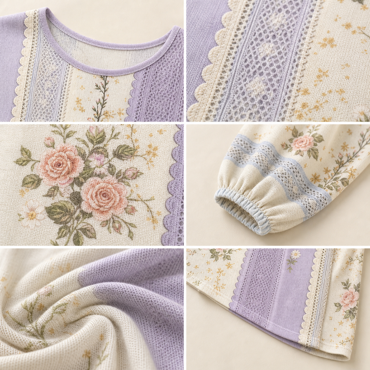 Boho floral pullover top neckline lace trim sleeve cuff and fabric detail collage