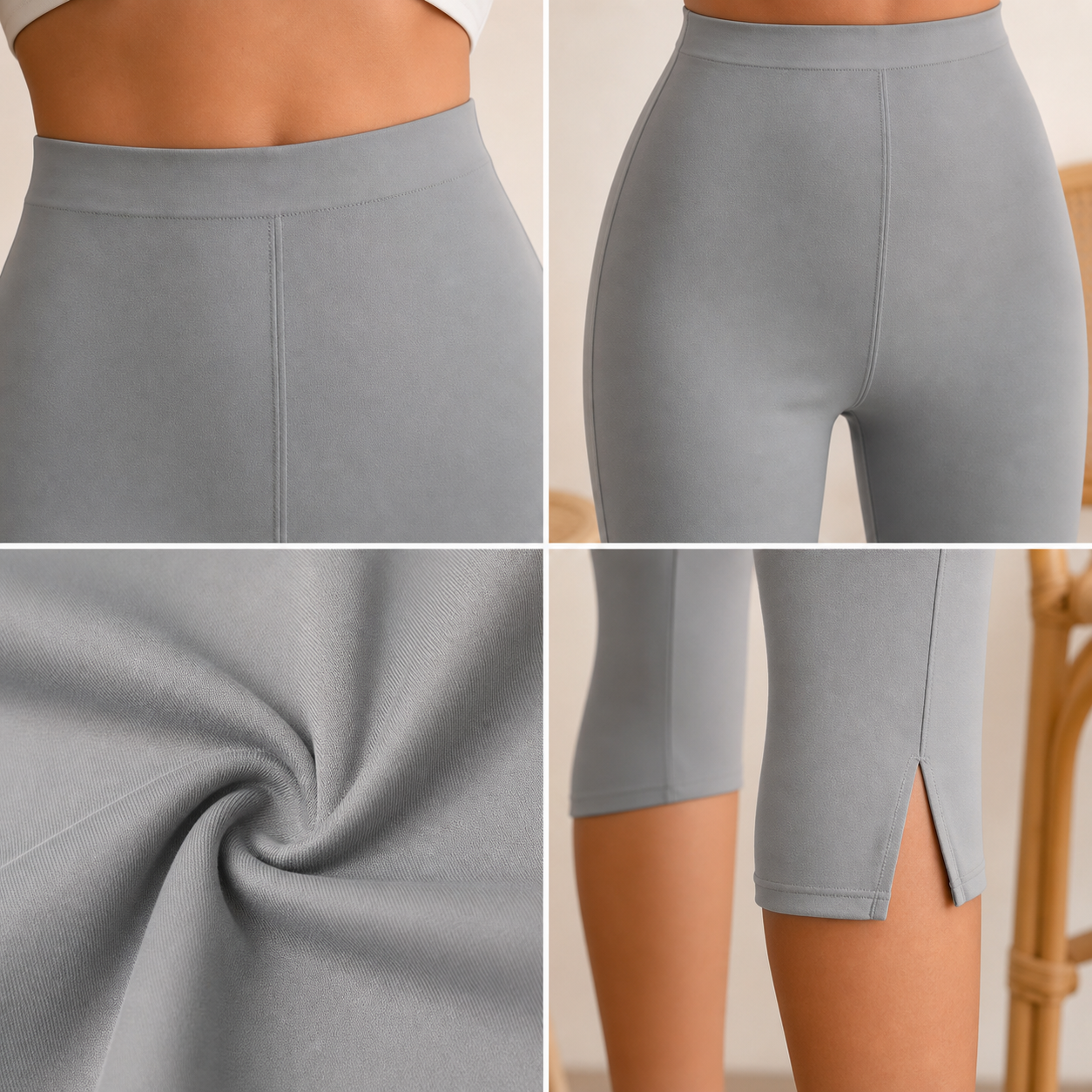 High waistband shaping seam stretch fabric and side slit hem details