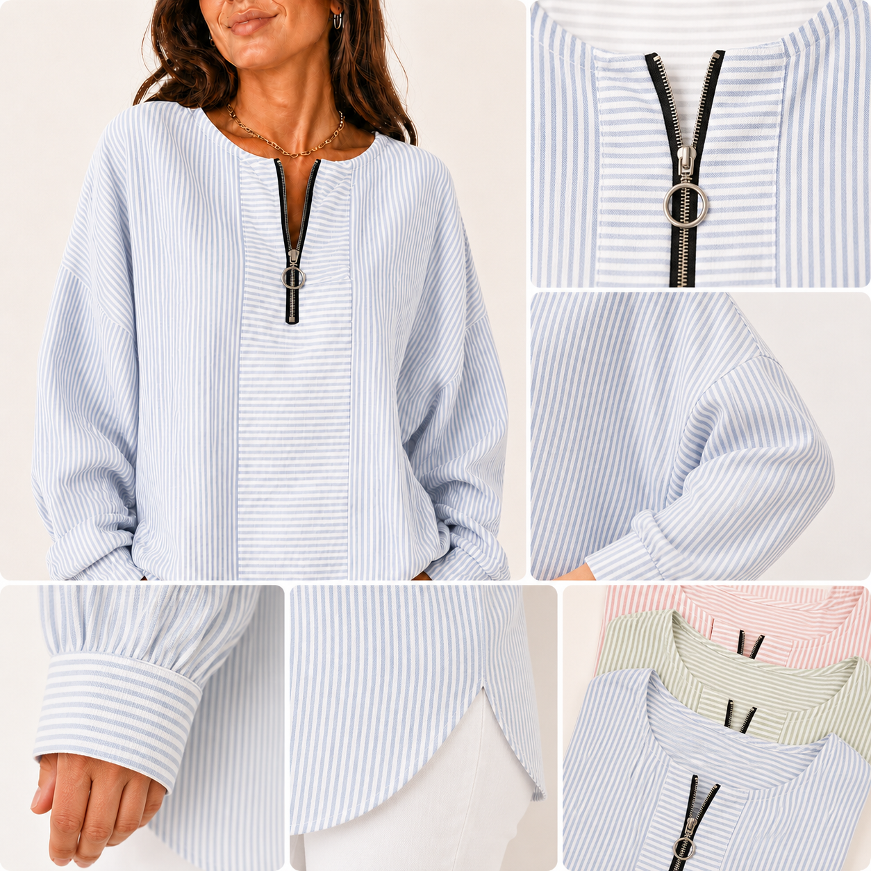 Zip neck stripe cuff and fabric detail collage
