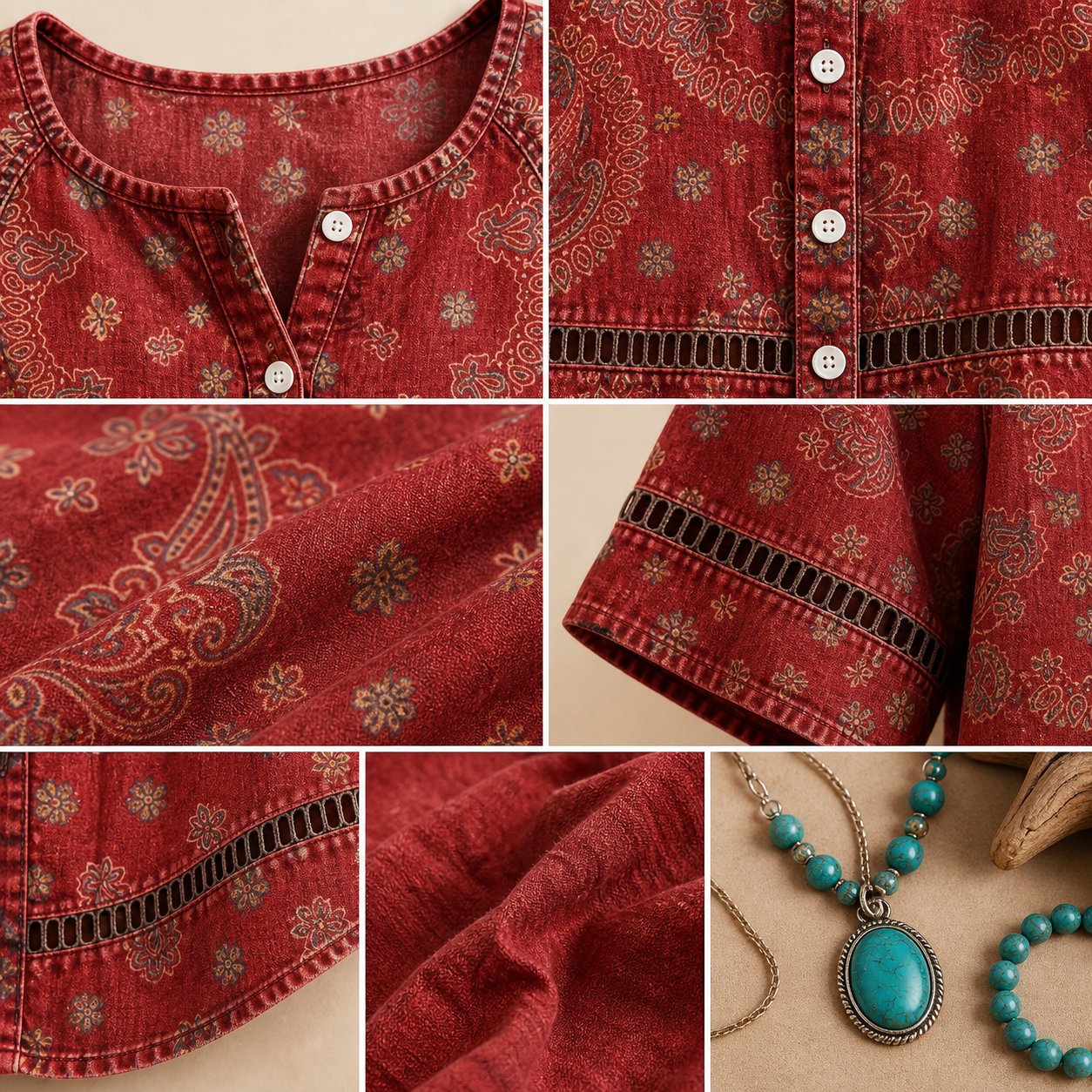 Western boho paisley button top neckline button sleeve hem and fabric detail collage