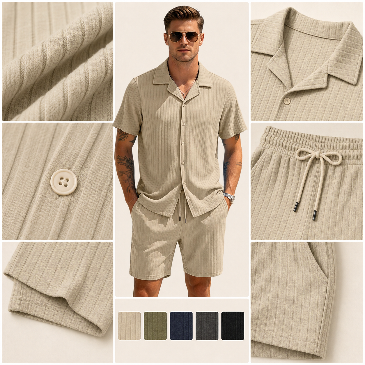 ribbed collar button drawstring and fabric detail collage