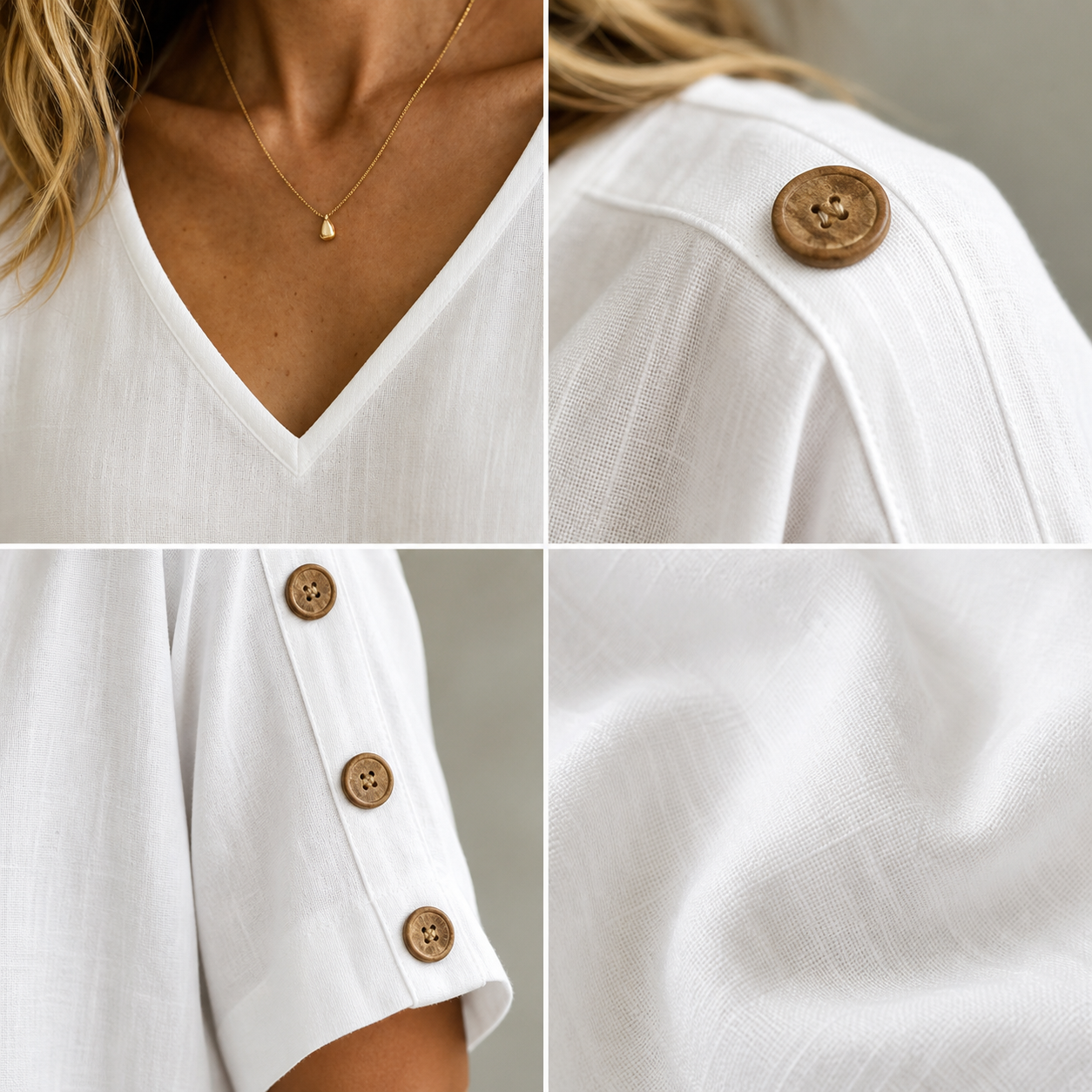 V neck wooden shoulder button sleeve buttons and linen texture details