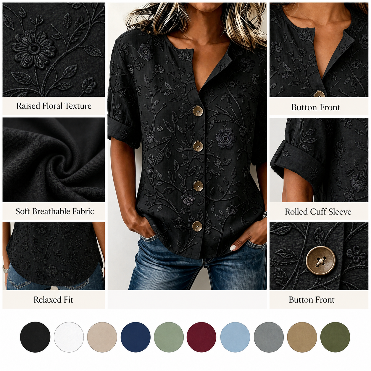 Women's embossed floral button shirt fabric neckline button cuff and texture details