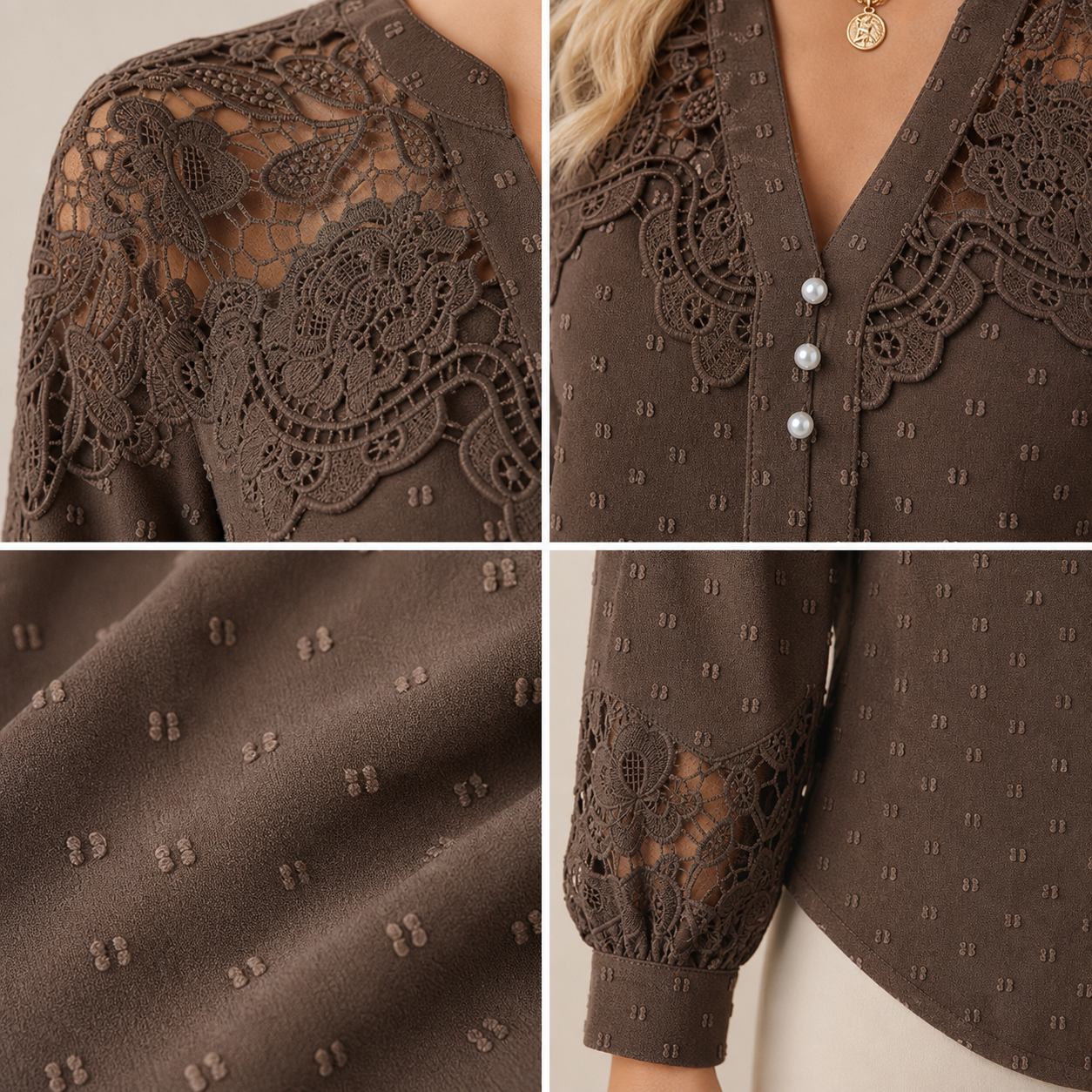Lace shoulder pearl button dotted fabric sleeve and curved hem details