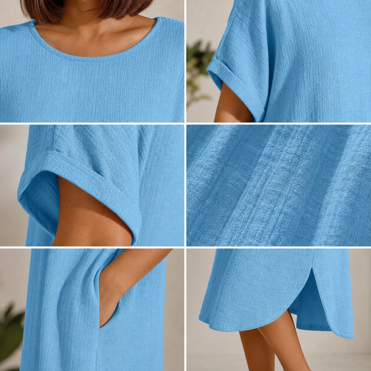 Women's dress neckline sleeve cuff pocket crinkle fabric curved hem detail collage