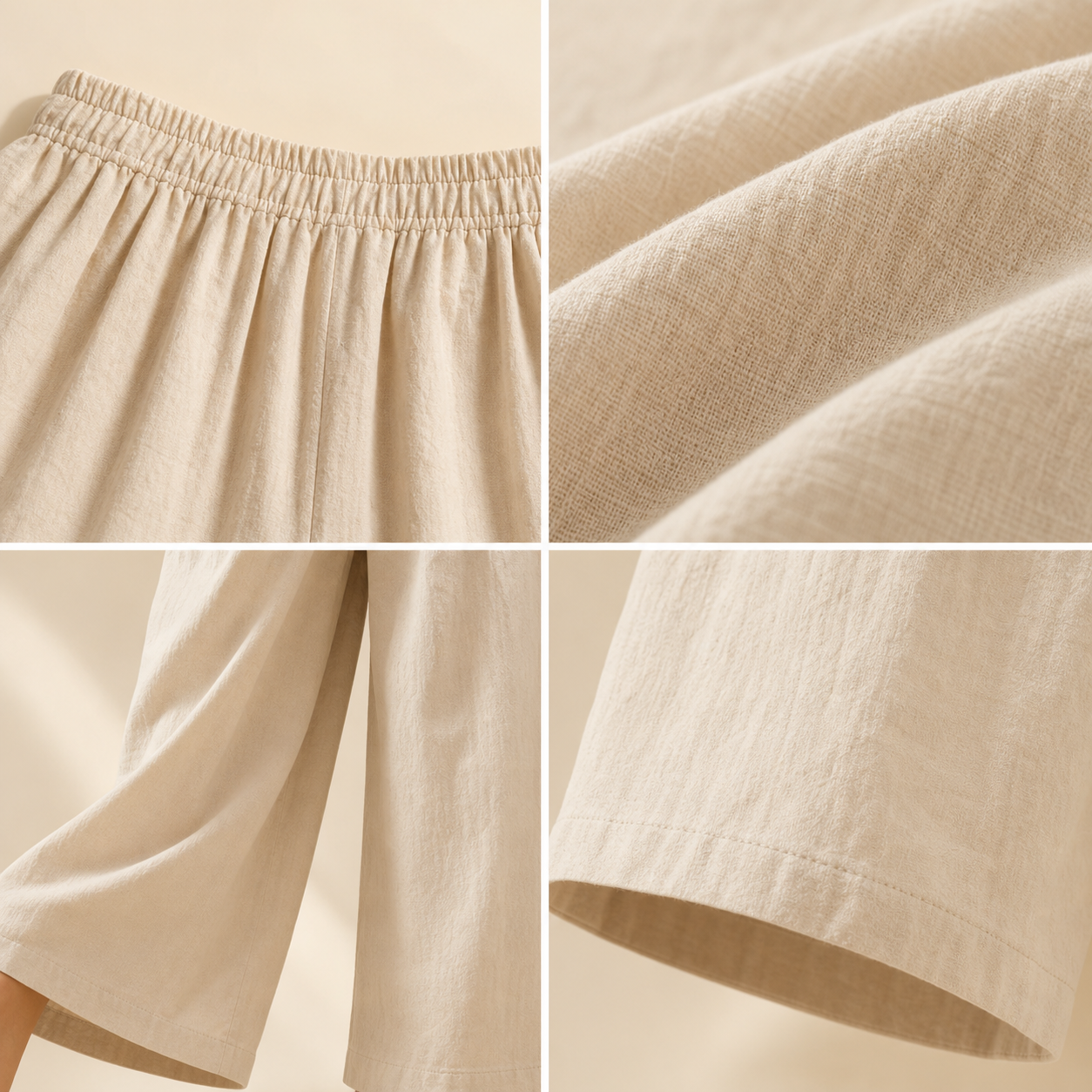 Women's cotton linen wide leg pants elastic waist fabric and hem detail collage