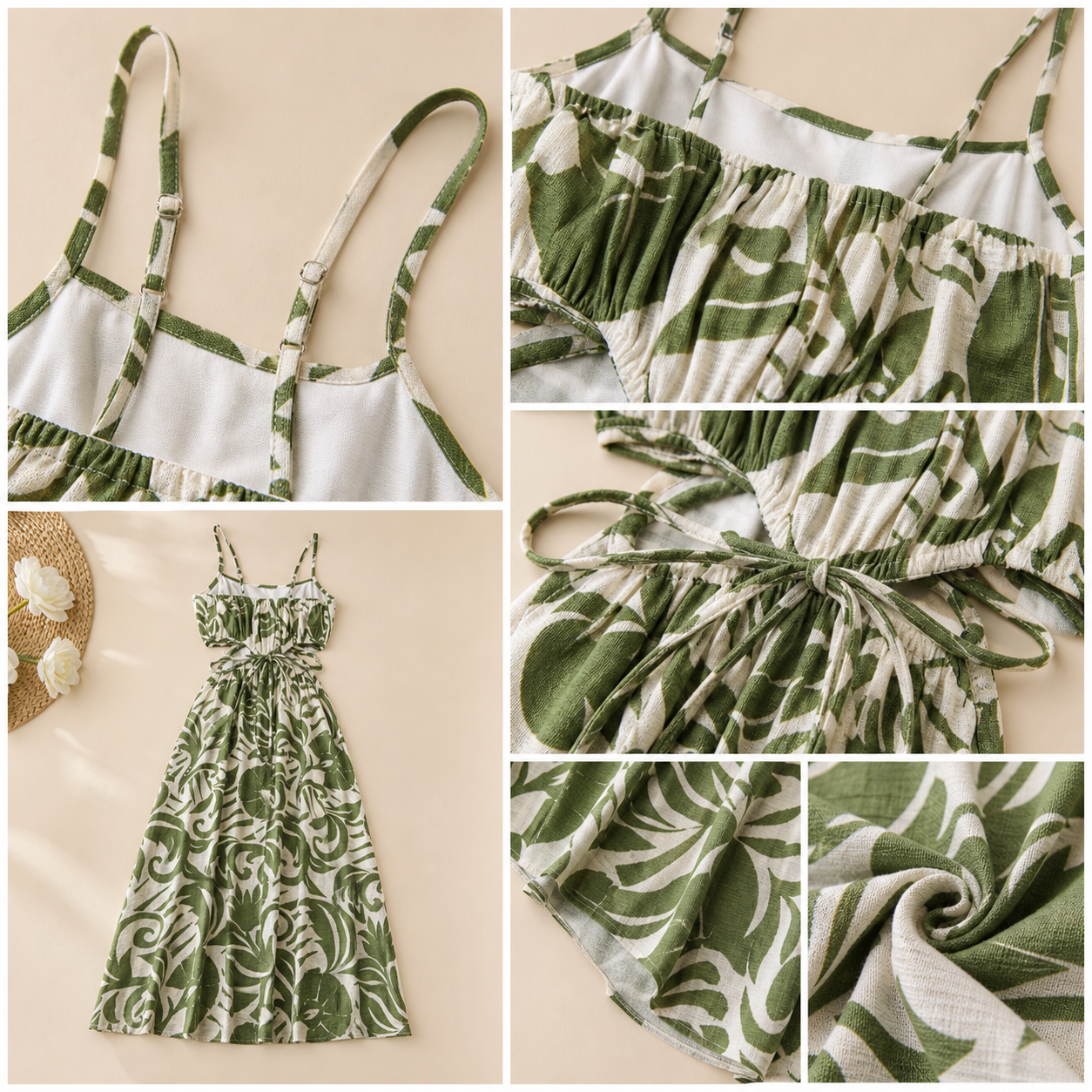 Spaghetti strap gathered bust tie waist tropical print fabric details