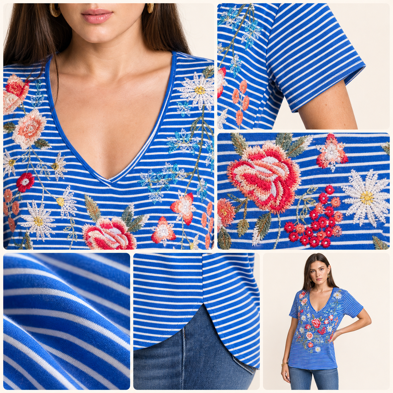 V-neck embroidery and stripe fabric details