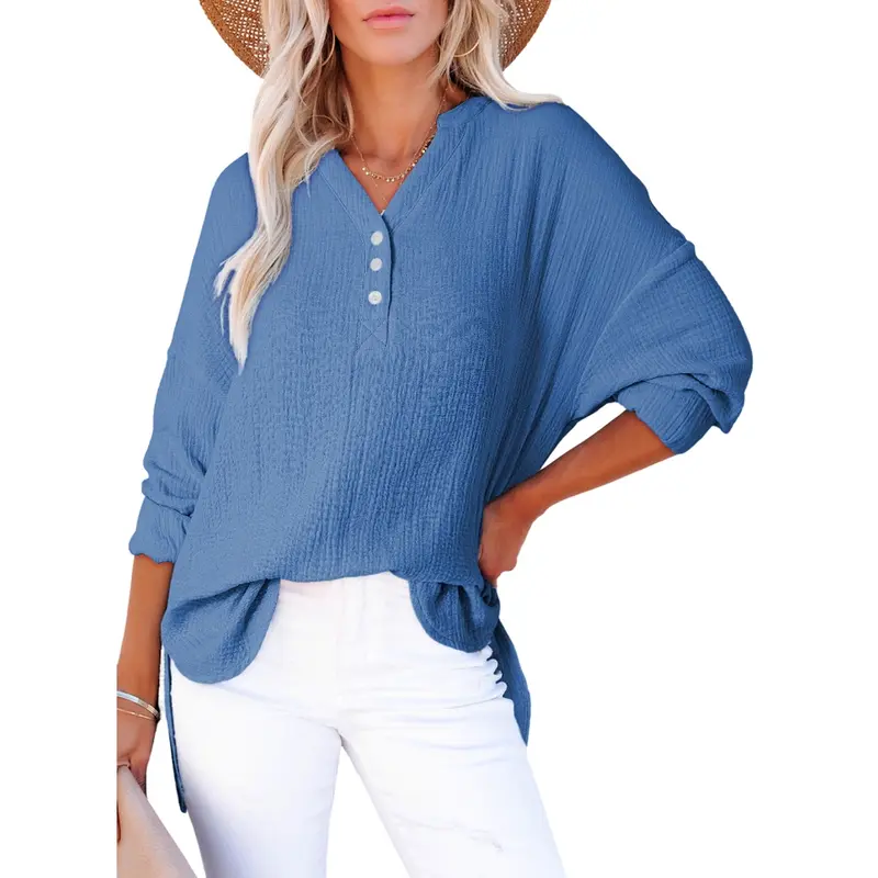 Dokotoo Women's Casual Button V Neck Long Sleeve Shirts Oversized Solid Blouses Tops 100% Cotton Boyfriend Style Loose Fit