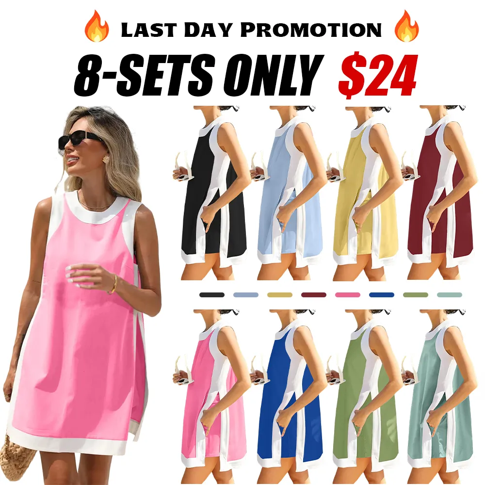 Women's color-blocked crew neck sleeveless pullover with shorts with pockets