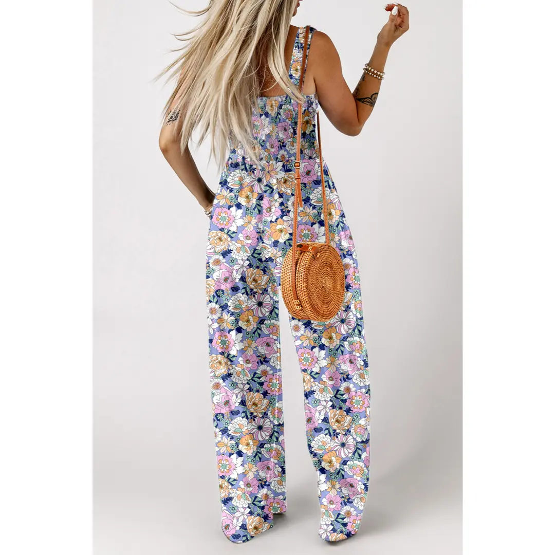 Women's Casual Loose Overalls Jumpsuits One Piece Sleeveless Printed Wide Leg Long Pant Rompers With Pockets Bohemian Womenswear