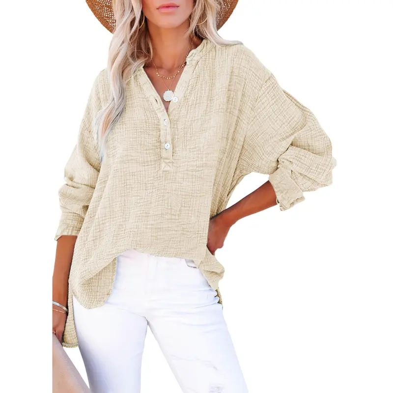 Dokotoo Women's Casual Button V Neck Long Sleeve Shirts Oversized Solid Blouses Tops 100% Cotton Boyfriend Style Loose Fit