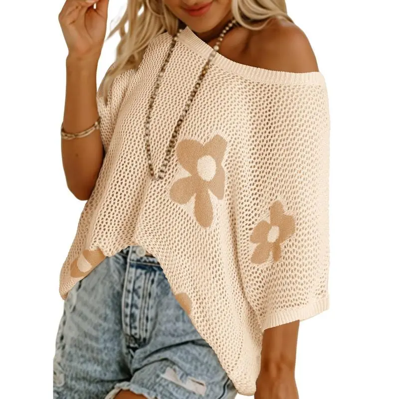 Womens Floral Fashion Summer Tops 2026 Short Sleeve Crochet Sweaters Swimsuit Cover Ups Lightweight Knit Pullover