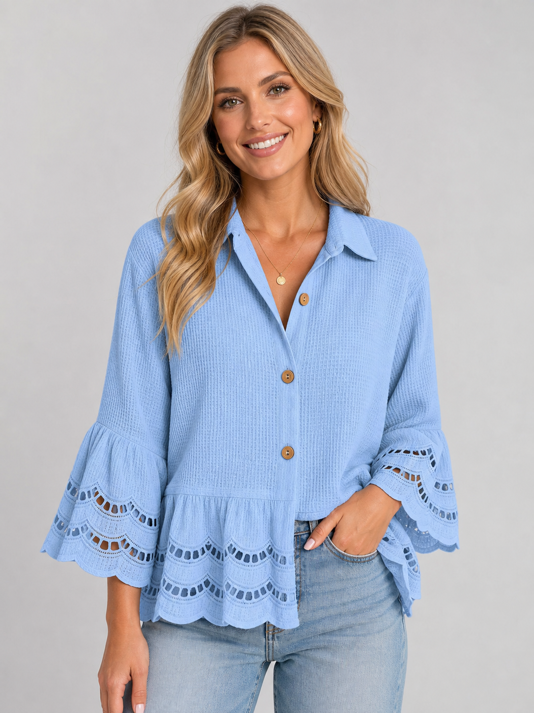 Women's lace trim button blouse model