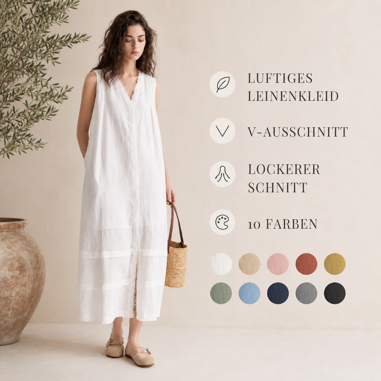 Damen Leinen Maxikleid mit V-Ausschnitt