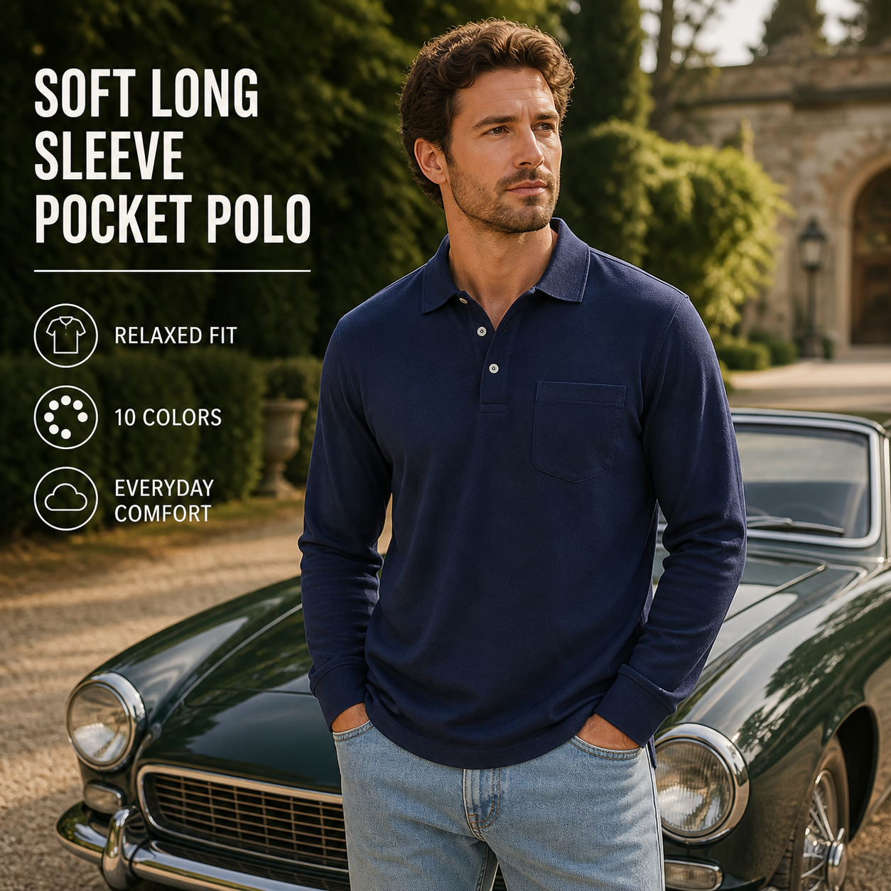 Mens soft long sleeve pocket polo