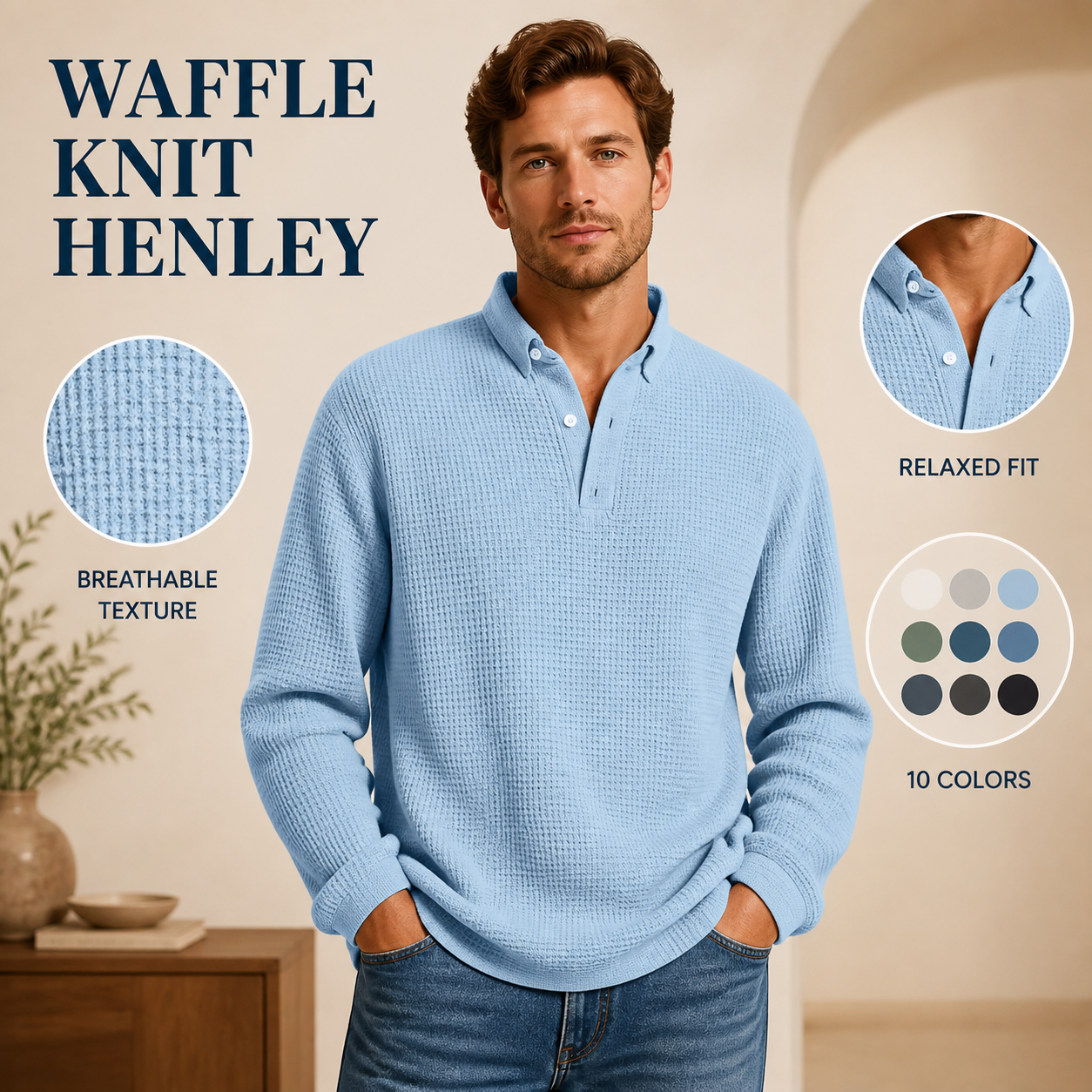 Men's Waffle Knit Henley Pullover