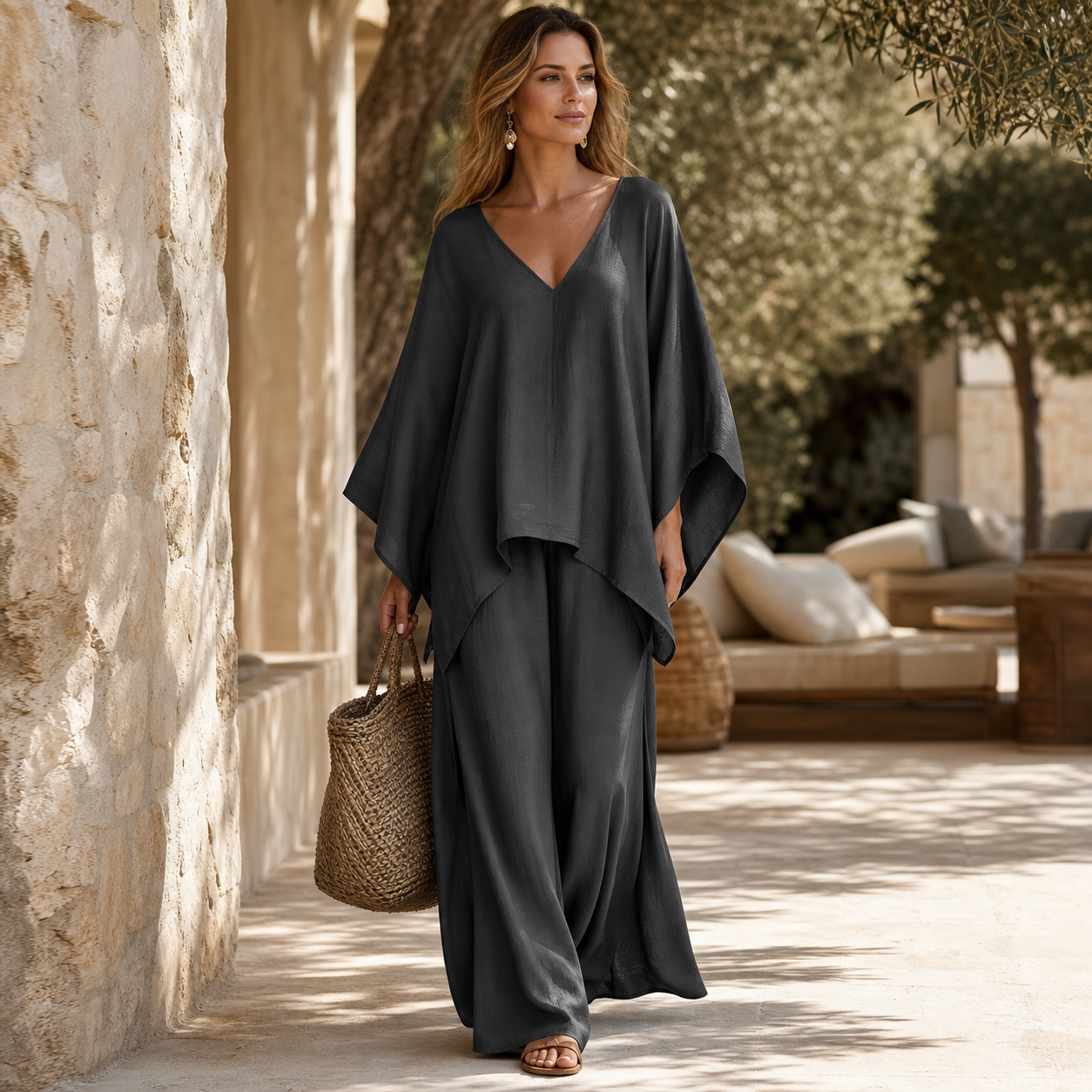 Women's loose V-neck two piece set resort lifestyle scene