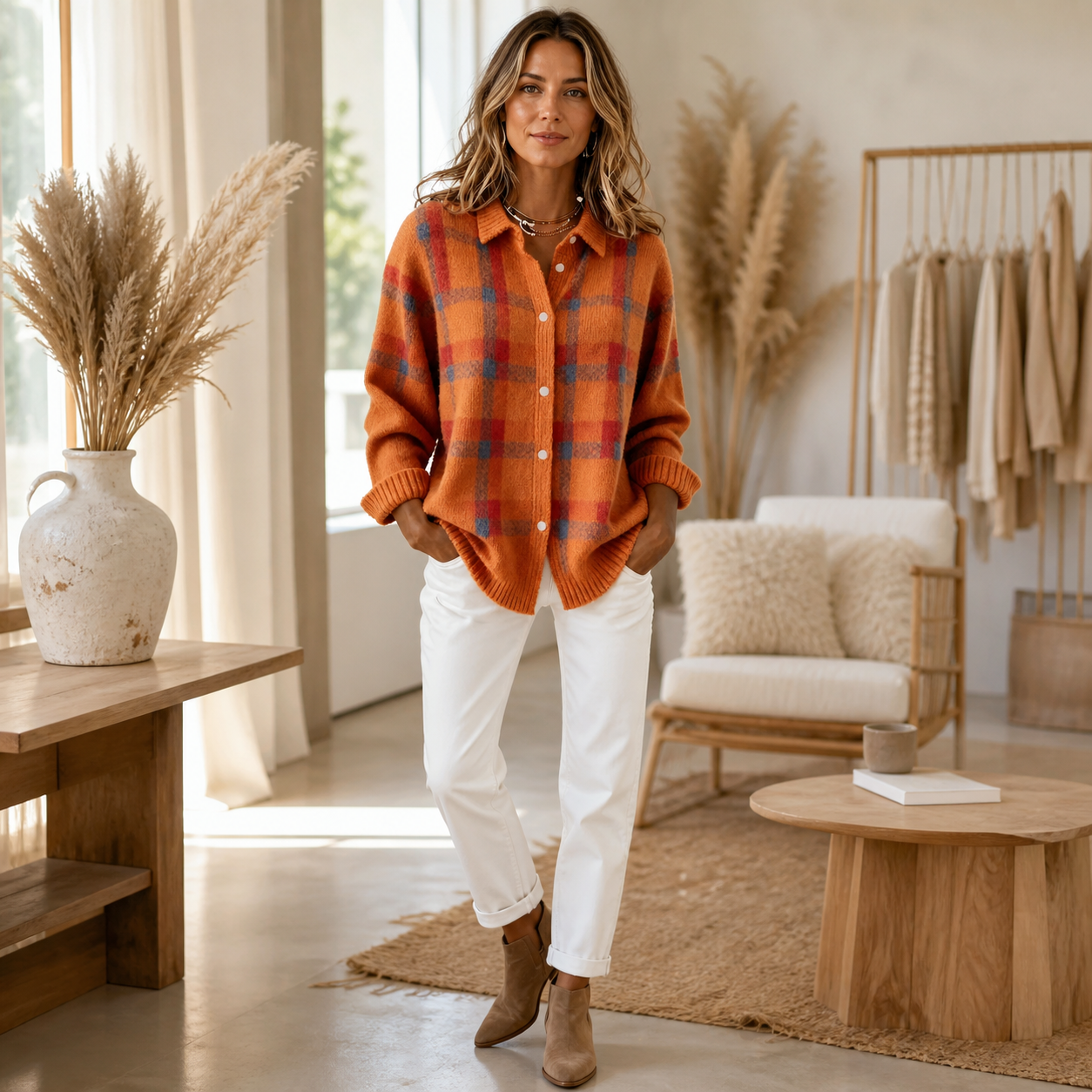 Plaid cardigan lifestyle scene