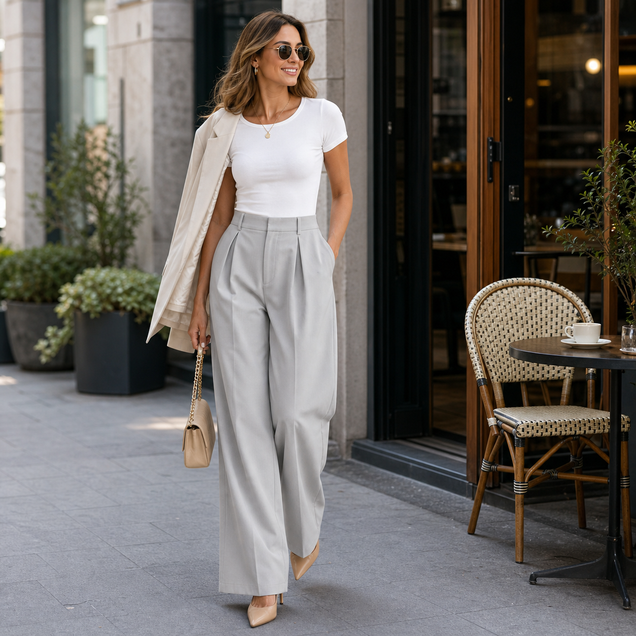 Women's tailored pleated wide-leg trousers lifestyle scene