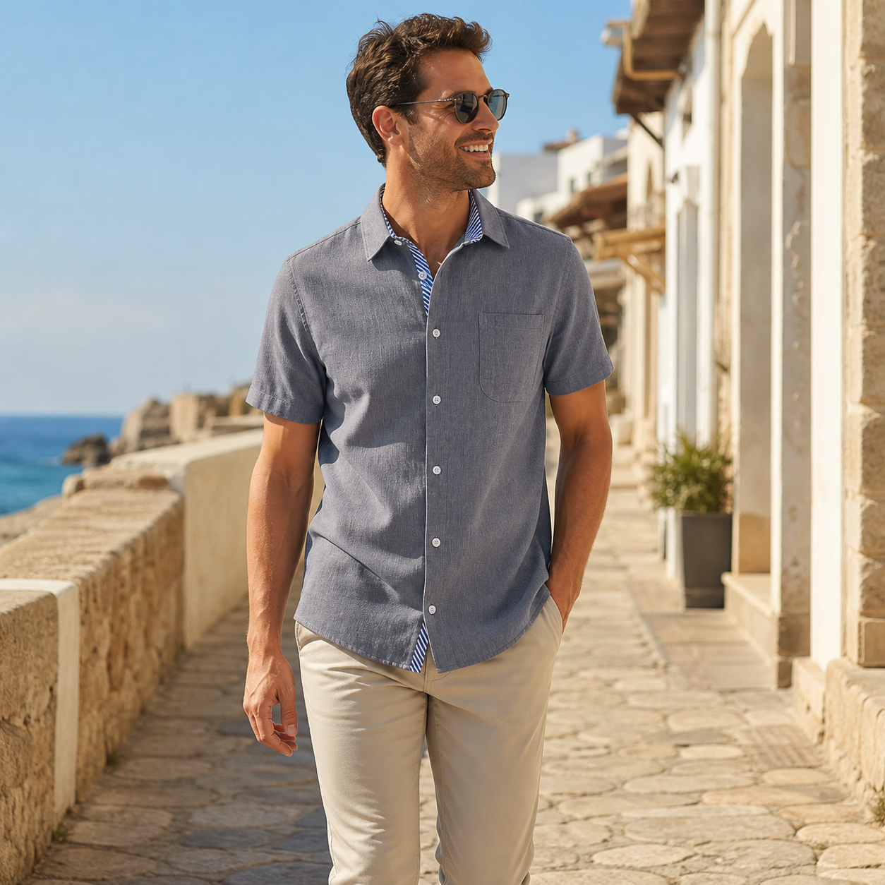 Men's contrast trim short sleeve shirt lifestyle scene