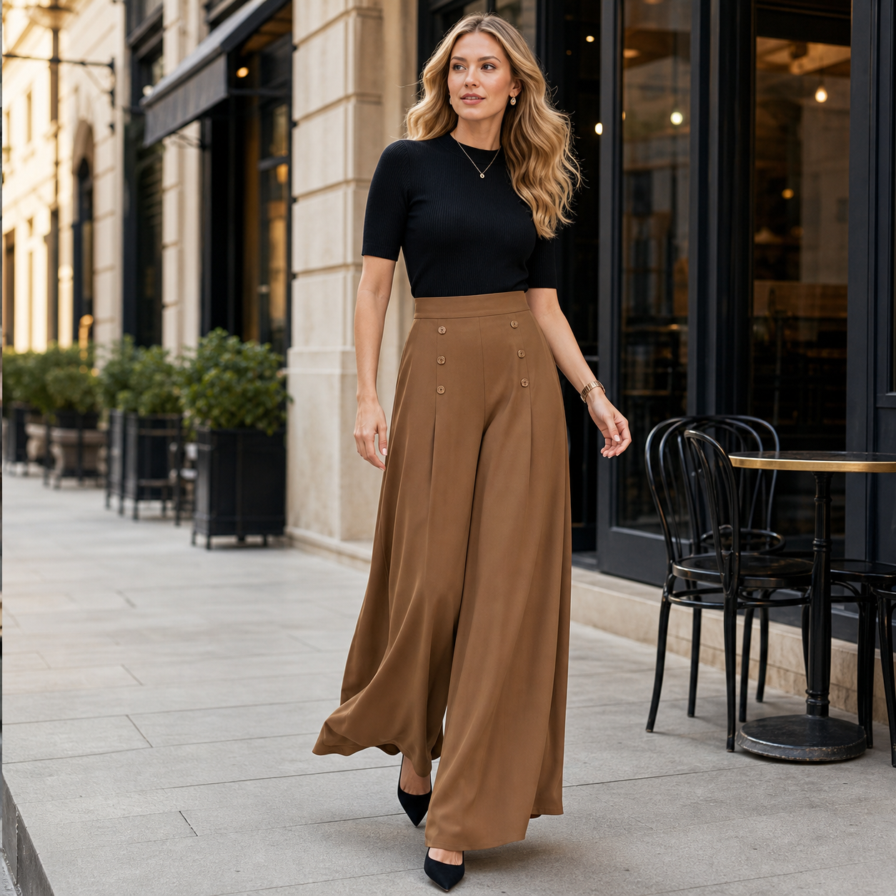 Women's high waist wide leg palazzo pants lifestyle street scene