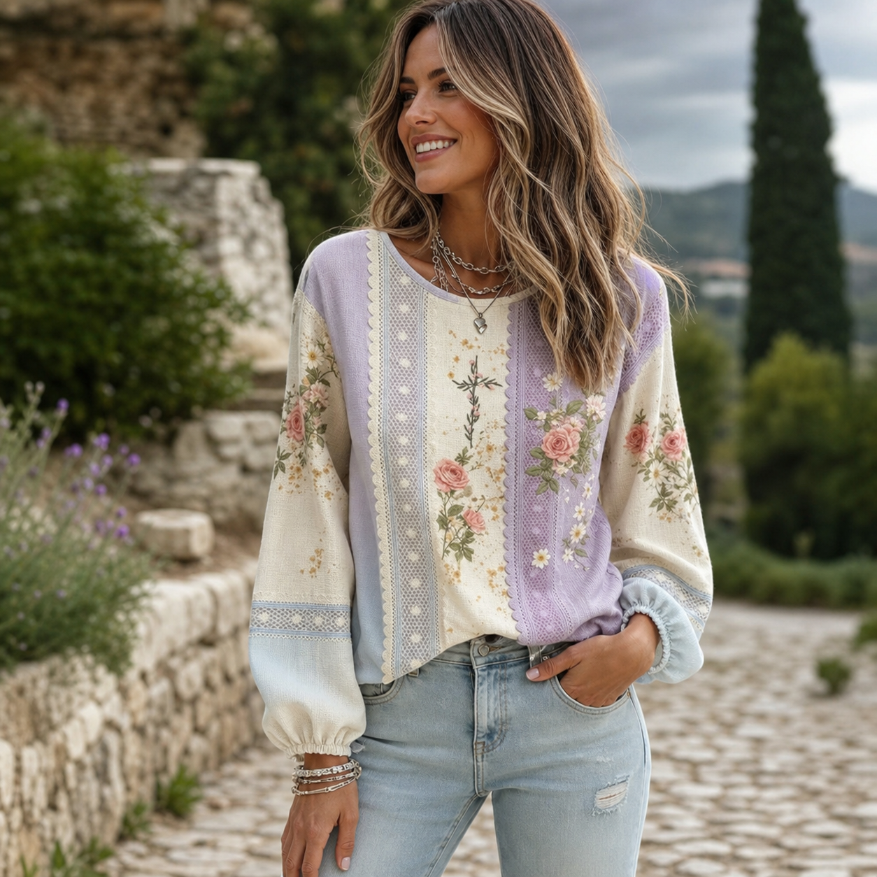 Women's boho floral patchwork pullover top lifestyle street scene