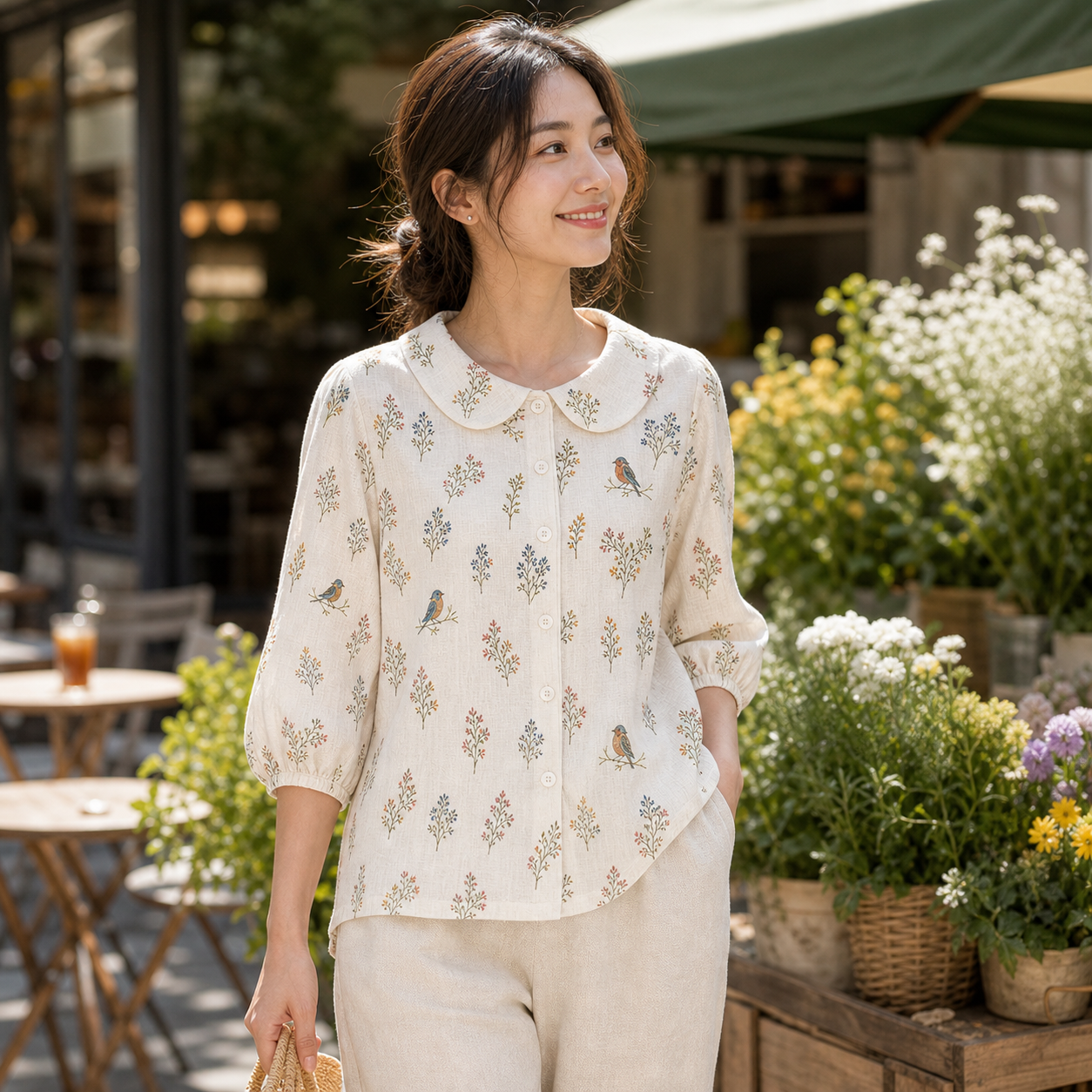 women's bird botanical collar blouse lifestyle scene