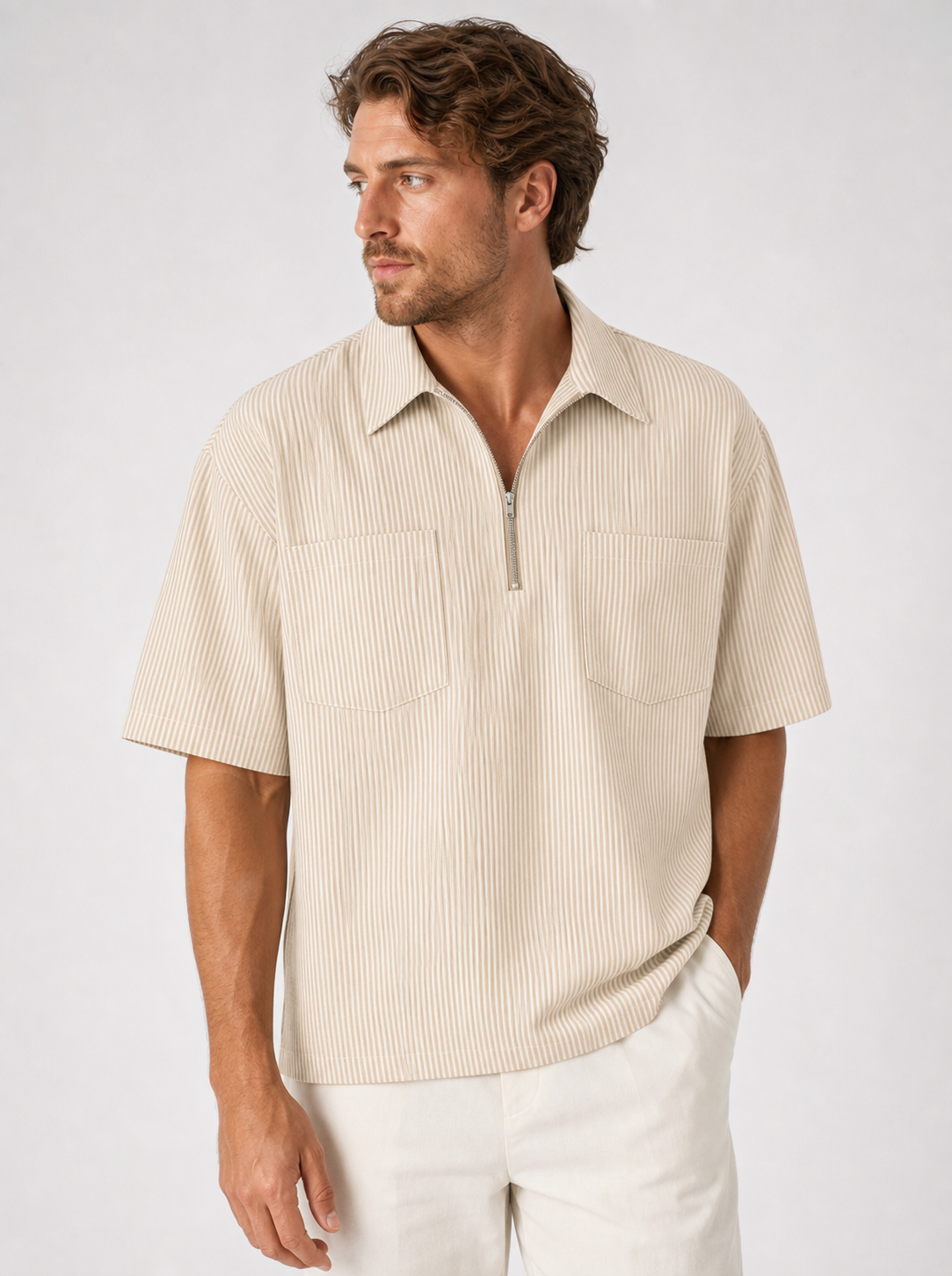 Beige men's striped quarter zip shirt
