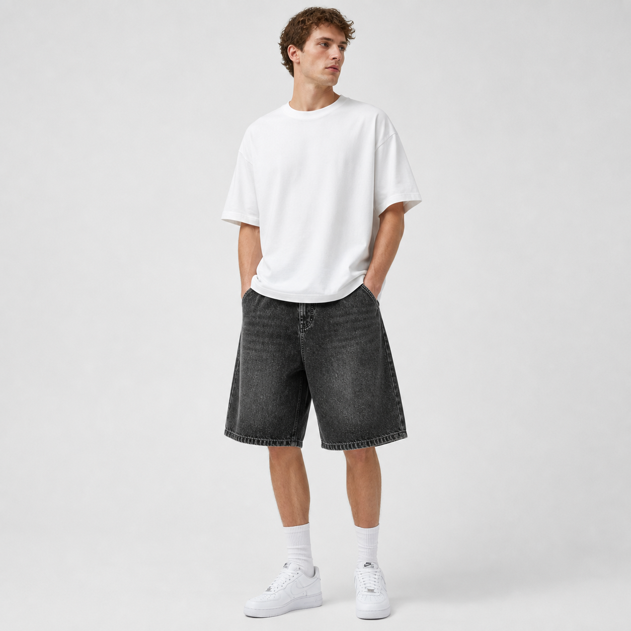 Black men's baggy denim shorts