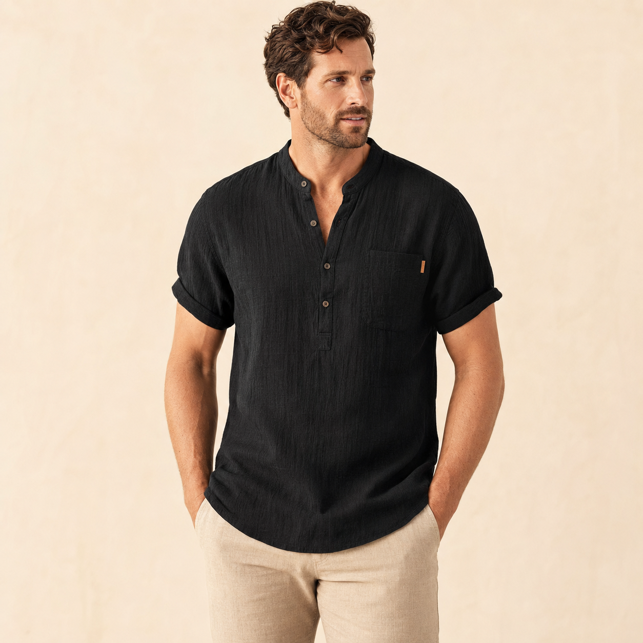 Black men's short sleeve band collar pocket henley shirt
