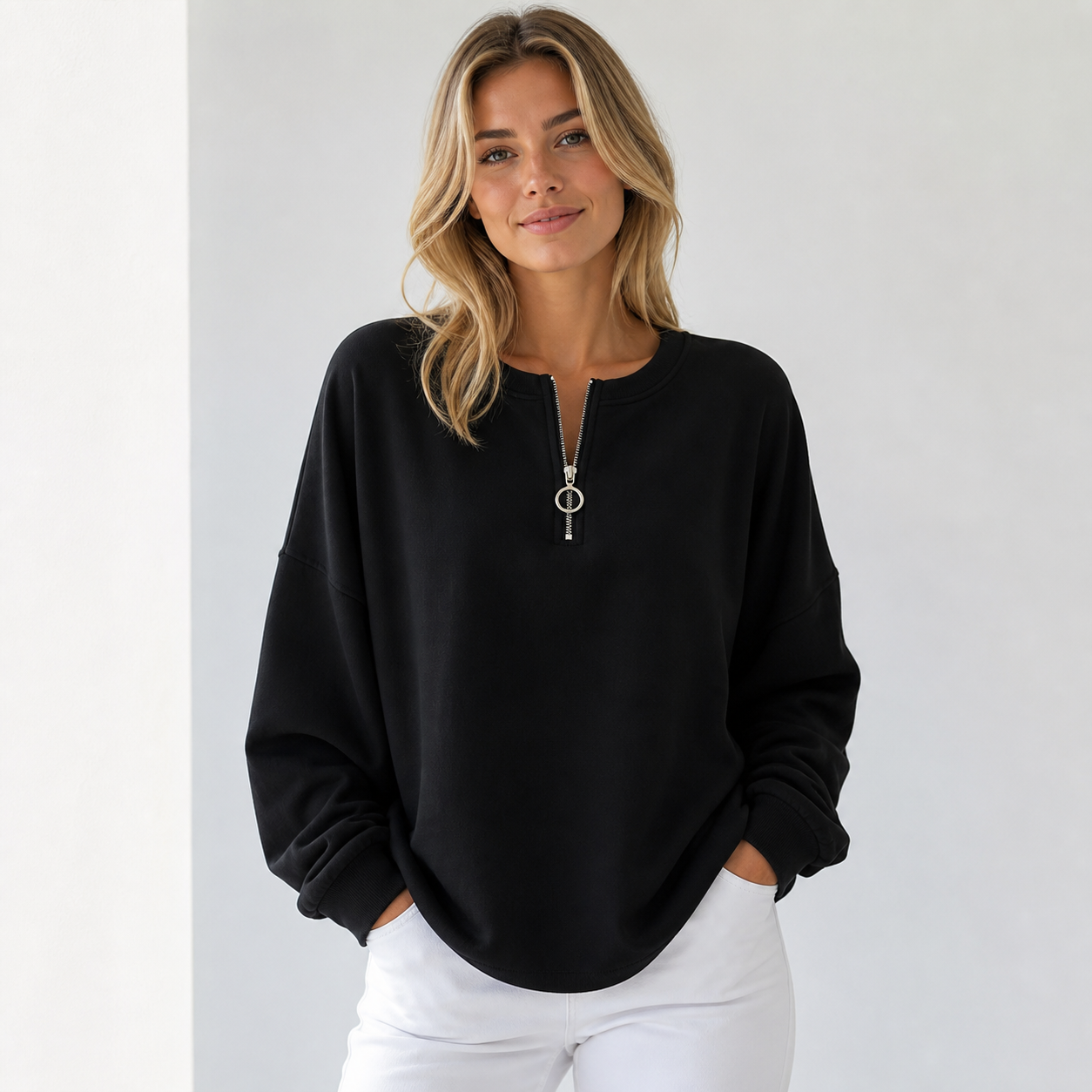 Black women's oversized half zip pullover