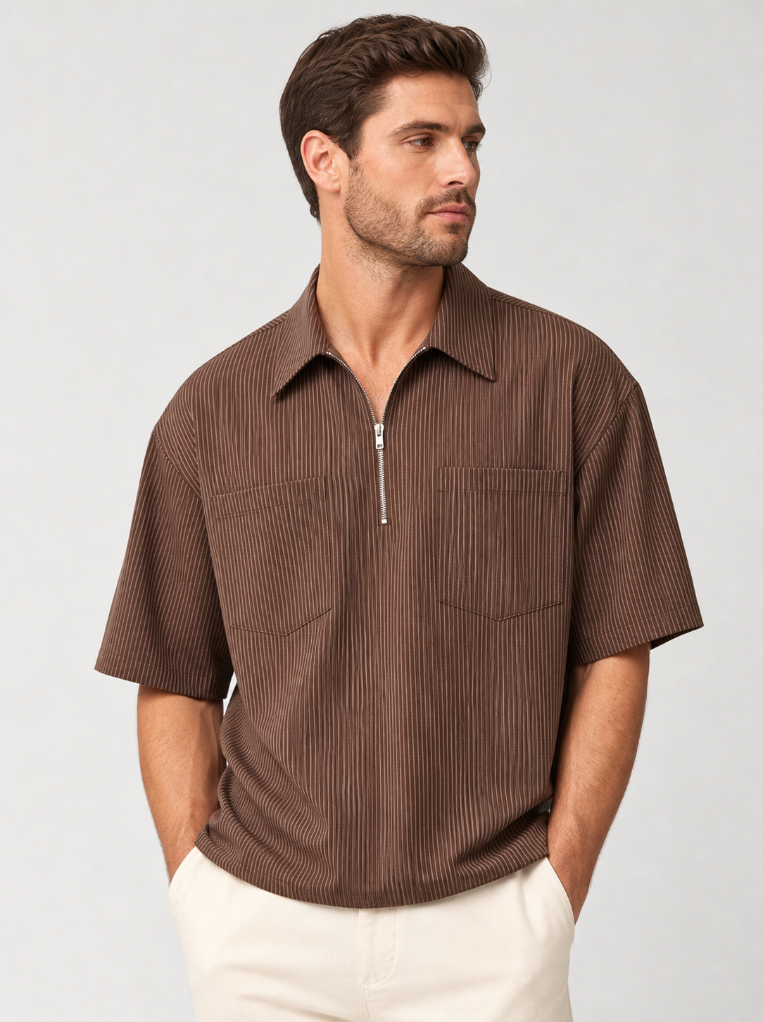 Brown men's striped quarter zip shirt