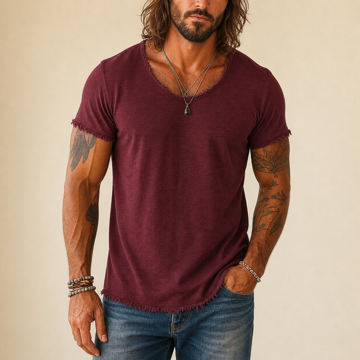 Burgundy raw-edge V-neck tee